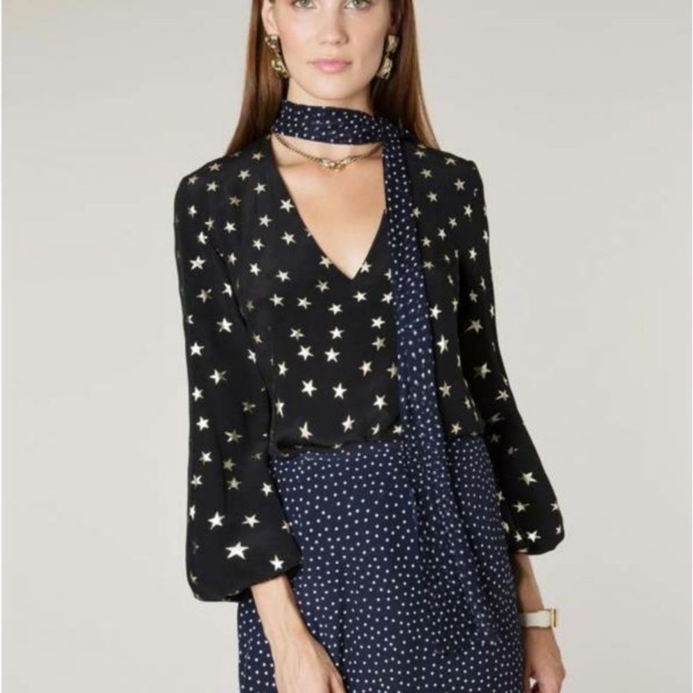 RIXO Dark Navy Blouse with Gold Star Pattern 100% Silk